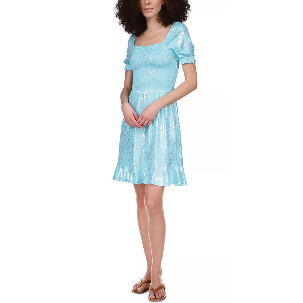 MICHAEL Michael Kors Foil-Print Smocked Peasant Dress Turquoise Size 2XL 3046